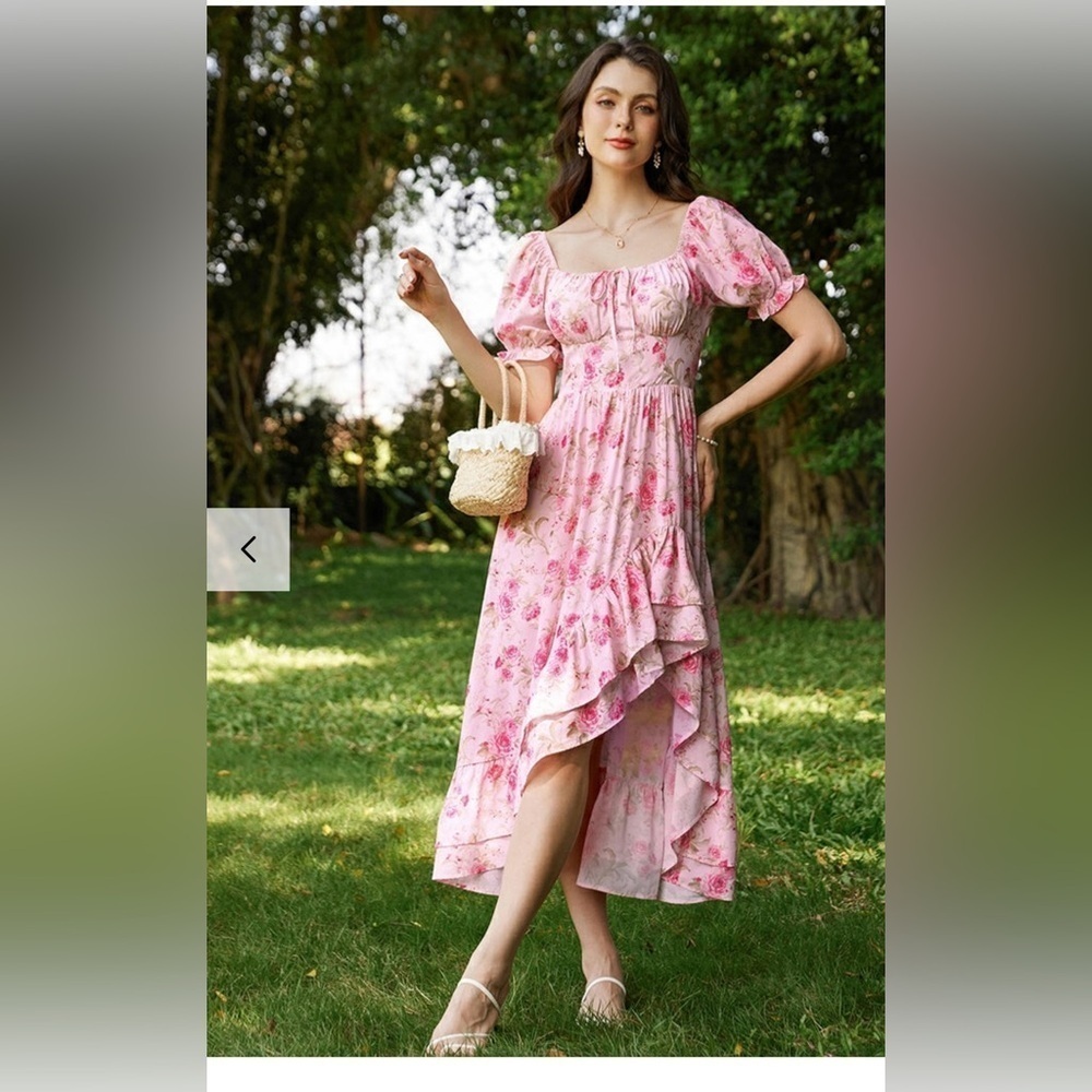 Elegant Pink Floral High Low Dress